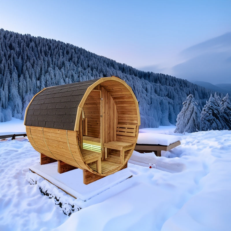SAUNA OGRODOWA FIŃSKA BECZKA Z PIECEM TROMSO 4-6 OSOBOWA 210x210 CM TROMSO
