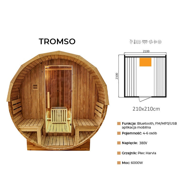 SAUNA OGRODOWA FIŃSKA BECZKA Z PIECEM TROMSO 4-6 OSOBOWA 210x210 CM TROMSO