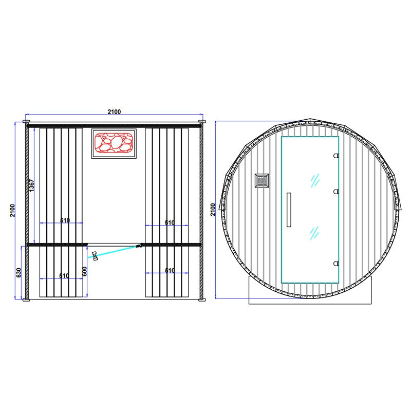 SAUNA OGRODOWA FIŃSKA BECZKA Z PIECEM TROMSO 4-6 OSOBOWA 210x210 CM TROMSO
