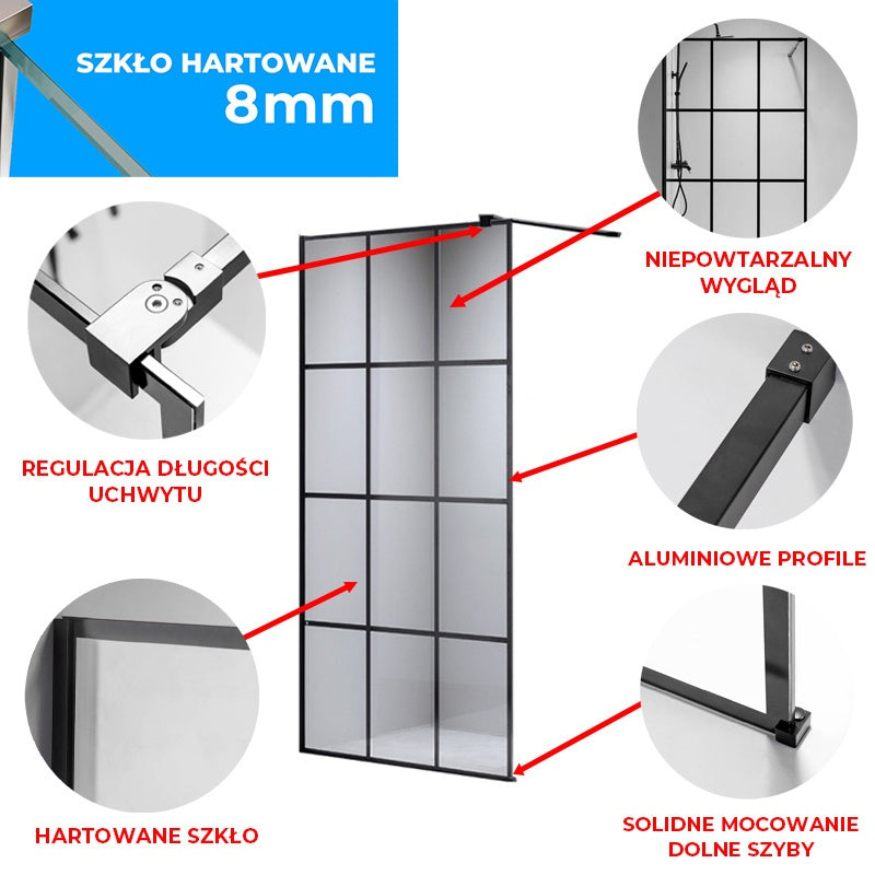 ŚCIANKA PRYSZNICOWA SH05G CZARNA 130 CM 8 MM SH05G-BL-130