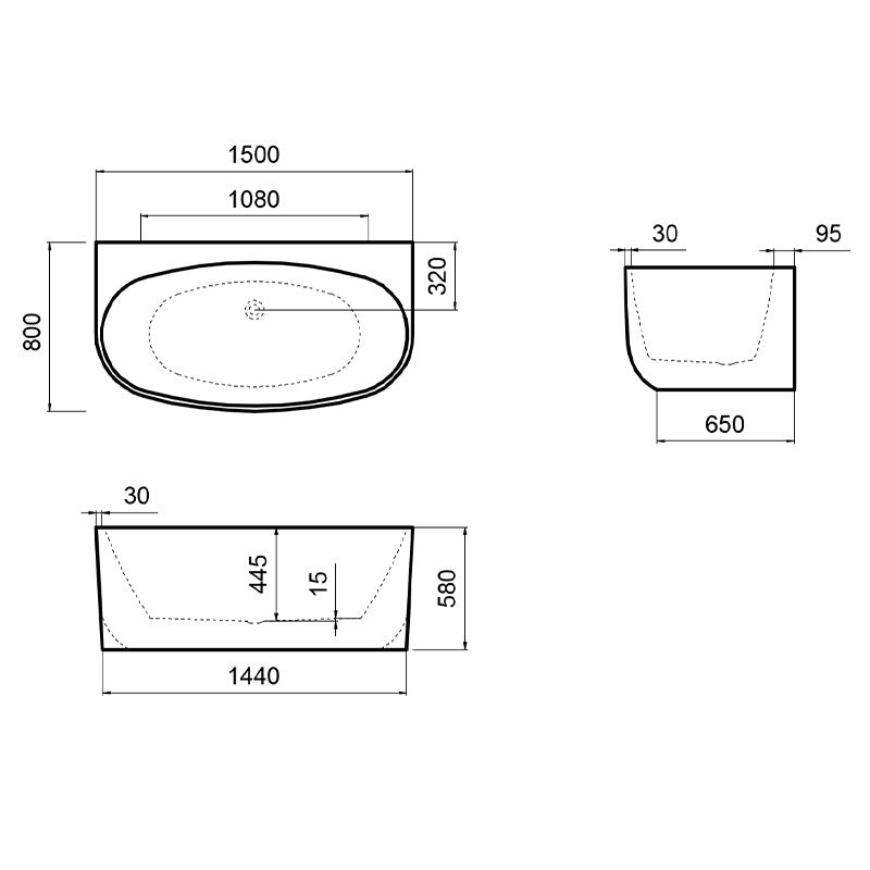 WANNA WOLNOSTOJĄCA PRZYŚCIENNA NORA 526B BIAŁA PRZELEW BIAŁY POŁYSK 150x80 CM NORA-526B-P-WH