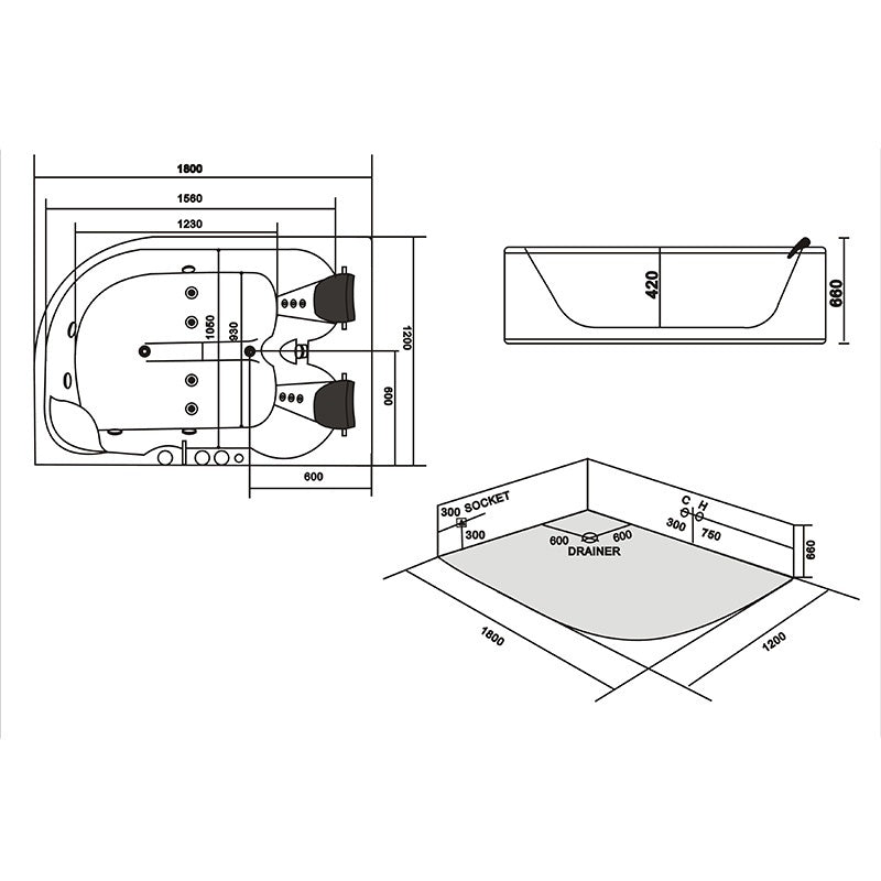 WANNA Z HYDROMASAŻEM CARMEN 631RH PRAWA BIAŁA 180x120 CM CARMEN-631H-R-180
