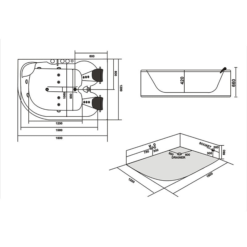 WANNA Z HYDROMASAŻEM Z PODGRZEWACZEM CARMEN 631LH LEWA BIAŁA 180x120 CM CARMEN-631H-L-180