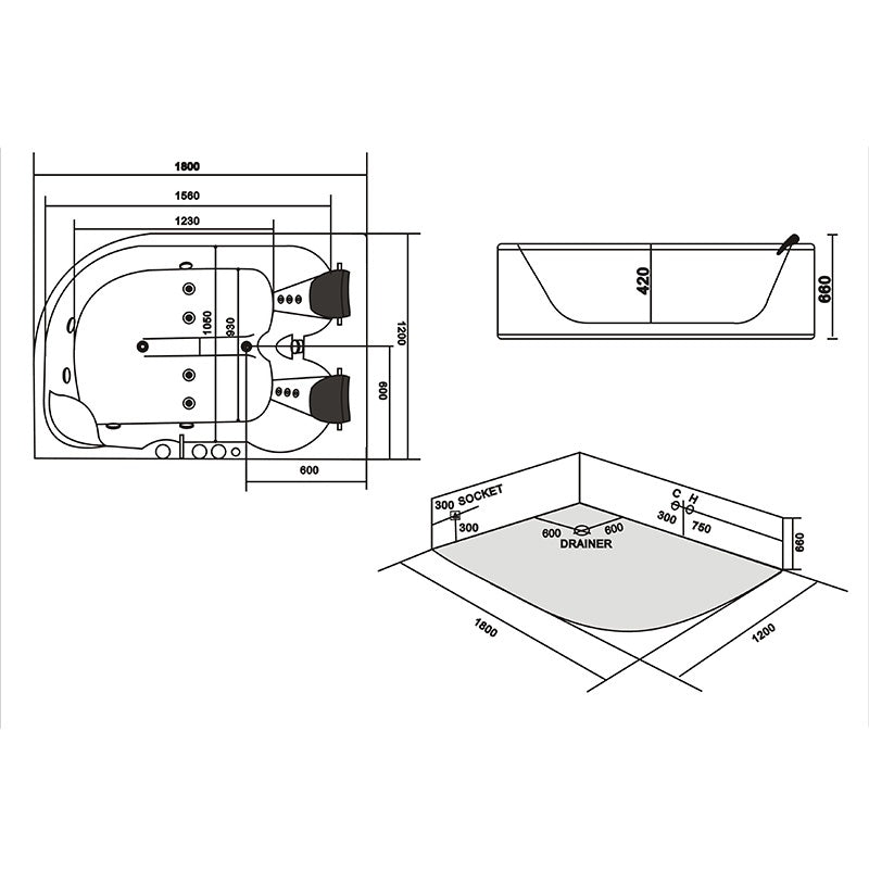 WANNA Z HYDROMASAŻEM CARMEN 631R PRAWA BIAŁA 180x120 CM CARMEN-631-R-180X120