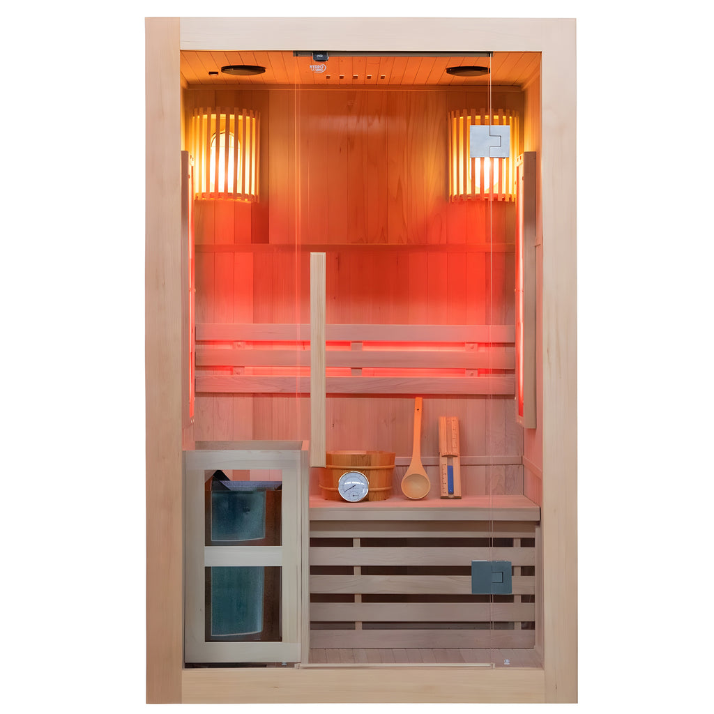 SAUNA FIŃSKA WYSOKOTEMPERATUROWA Z PIECEM KEMI1/HARVIA 1-2 OSOBOWA 120x105 KEMI1