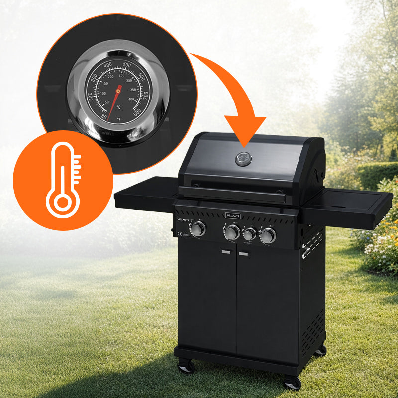 GRILL OGRODOWY GAZOWY Z POKRYWĄ I PÓŁKAMI ZEUS-B CZARNY RUSZT ŻELIWNY ZEUS-B
