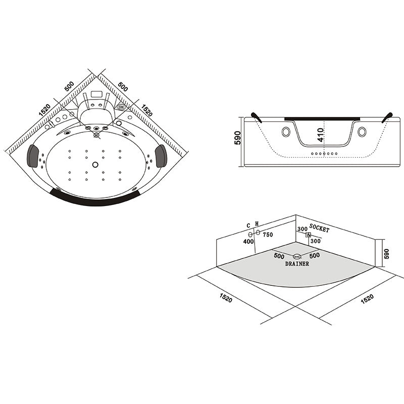 WANNA Z HYDROMASAŻEM ORINO 632A 152x152 CM ORINO-632A-152