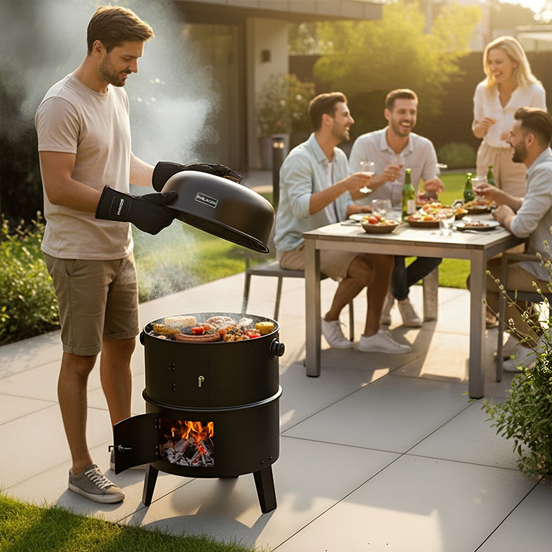 GRILL OGRODOWY WĘGLOWY WĘDZARNIA OGRODOWA Z TERMOMETREM 3W1 VL12 CZARNY VL12-BLACK