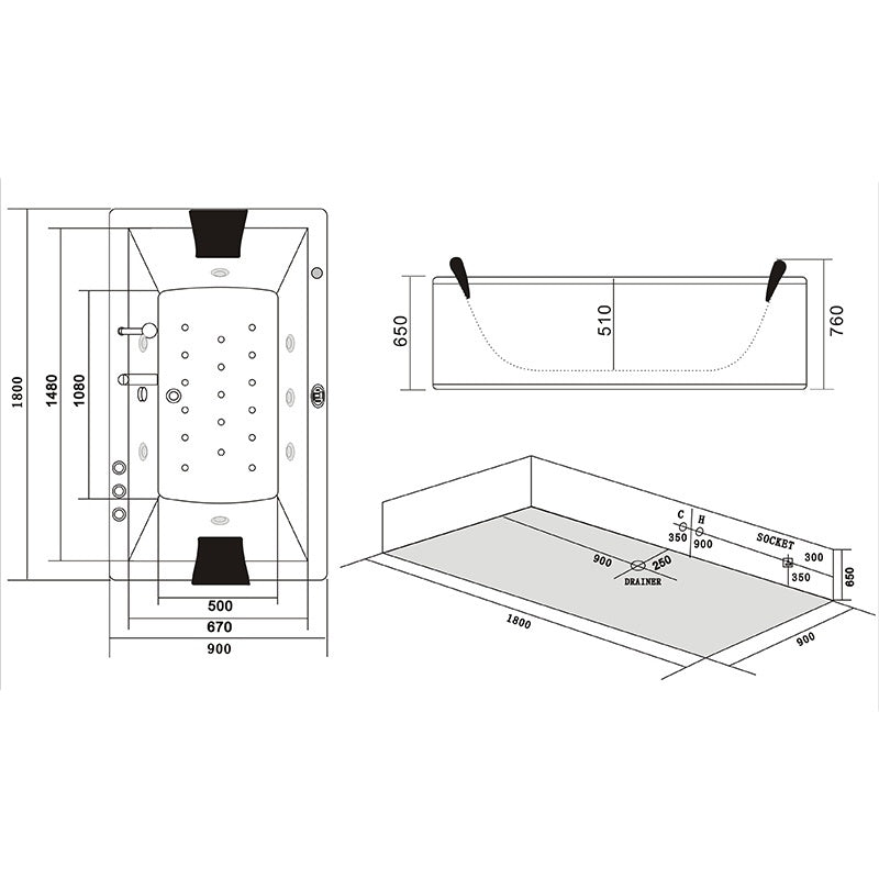 WANNA Z HYDROMASAŻEM Z PODGRZEWACZEM RAMONA 640H BIAŁA 180x90 CM