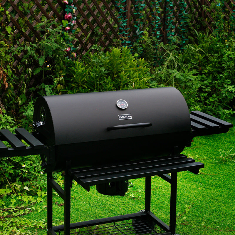 GRILL OGRODOWY WĘGLOWY Z POKRYWĄ I PÓŁKAMI VL09 CZARNY VL09-BLACK