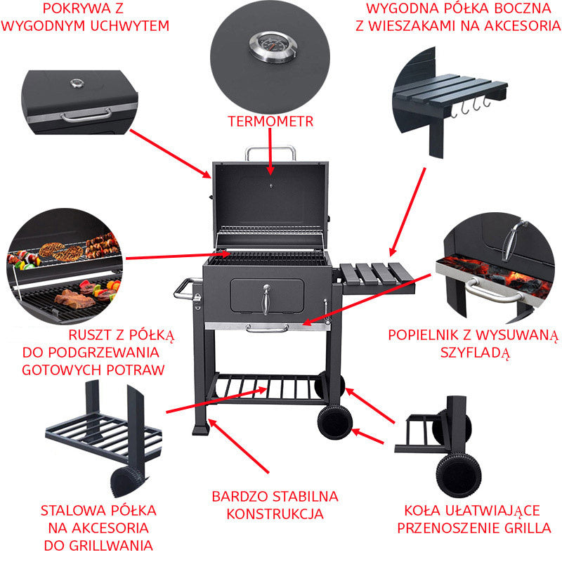 GRILL OGRODOWY WĘGLOWY Z POKRYWĄ I PÓŁKAMI VL01 GRAFITOWY VL01-GRAFIT