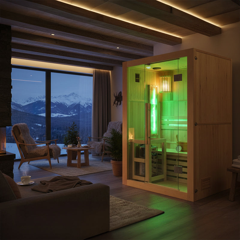 SAUNA FIŃSKA WYSOKOTEMPERATUROWA Z PIECEM KEMI1/HARVIA 1-2 OSOBOWA 120x105 KEMI1