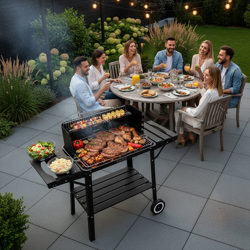 GRILL OGRODOWY WĘGLOWY Z PÓŁKAMI I ROŻNEM VL06-RS CZARNY VL06-RS-BLACK