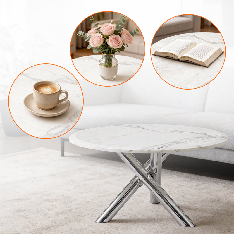 STOLIK KAWOWY NEXO OKRĄGŁY SREBRNY BIAŁY MARMUR 80 CM NEXO-CH-WH