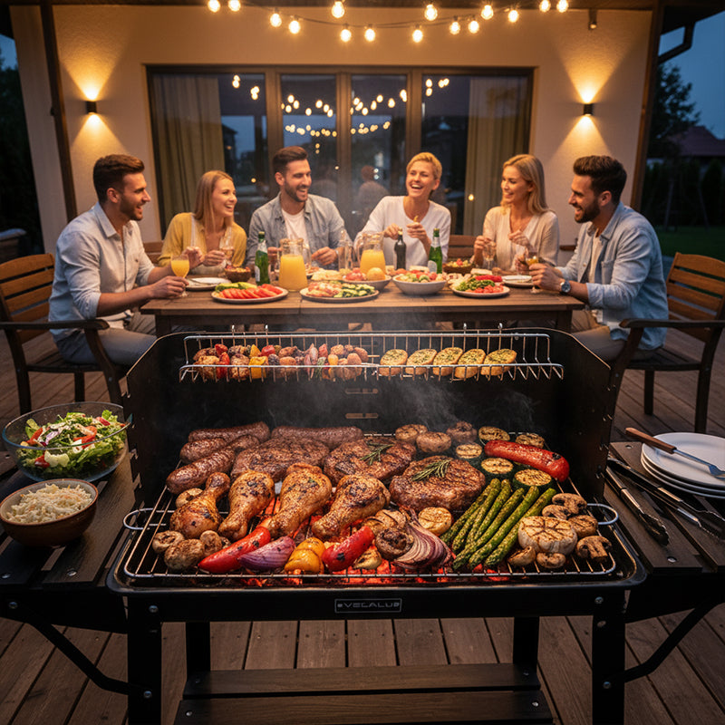 GRILL OGRODOWY WĘGLOWY Z PÓŁKAMI I ROŻNEM VL06-RS CZARNY VL06-RS-BLACK