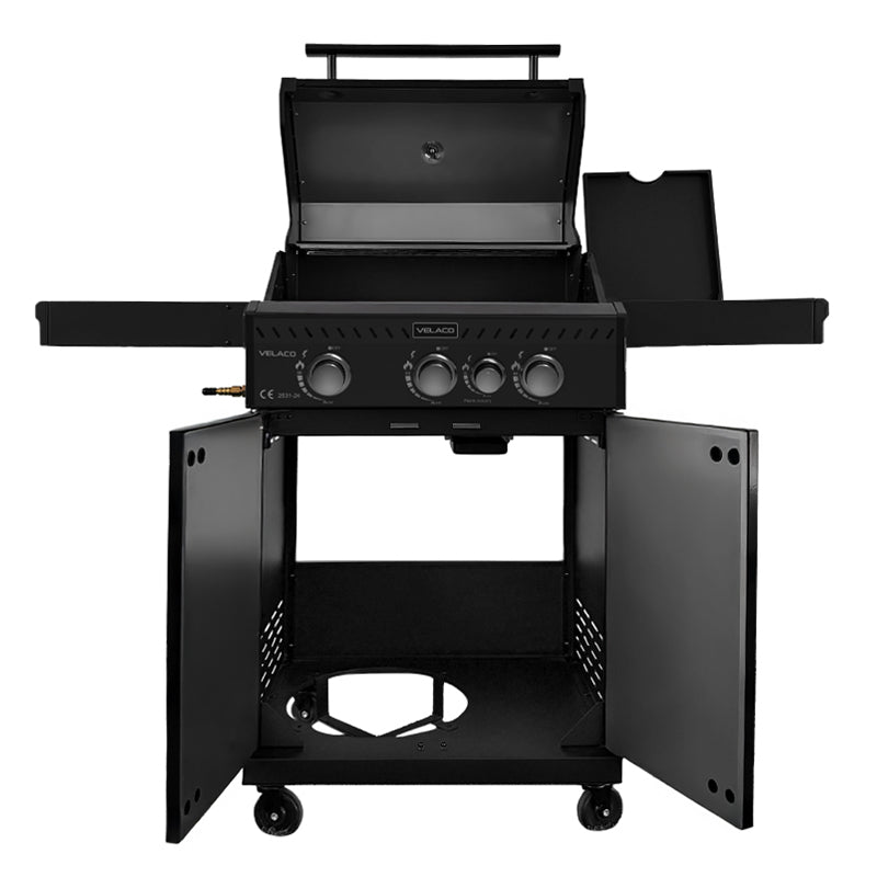 GRILL OGRODOWY GAZOWY Z POKRYWĄ I PÓŁKAMI ZEUS-B CZARNY RUSZT ŻELIWNY ZEUS-B