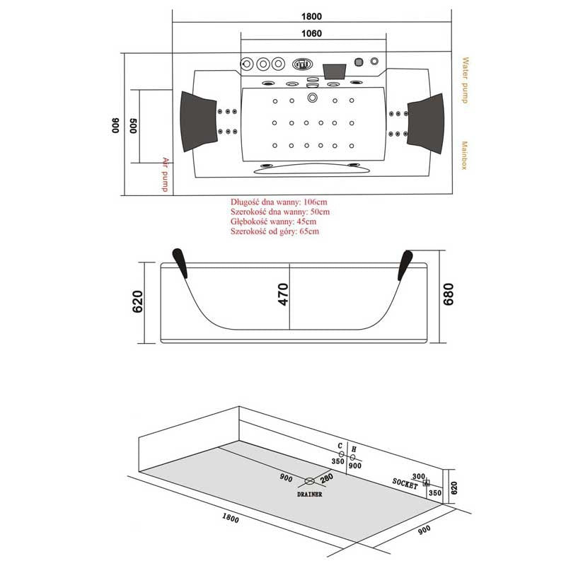 WANNA Z HYDROMASAŻEM LEVANTE 659 BIAŁA 180x90 CM LEVANTE-659-180X90