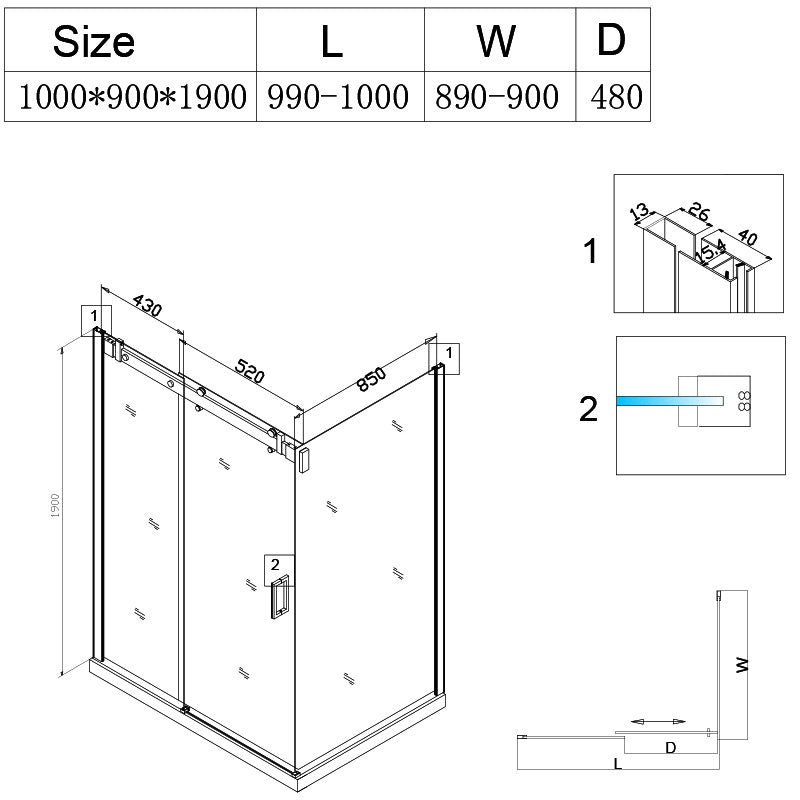 KABINA PRYSZNICOWA PROSTOKĄTNA Z BRODZIKIEM KZ202A/ST04A CHROM/CZARNY 100x90 CM